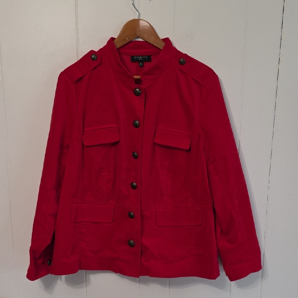 Talbots Plus Red Velvet Band Military Jacket Blazer Womens 16W Business Wear EUC